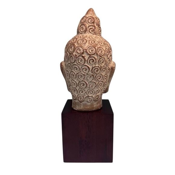 Buddha Head Ceramic Statue On A Wood Stand 12" Brown Tan Square Cube Base - Picture 7 of 14